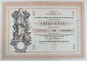 Makói Népbank Részvénytársaság részvény 50 pengő 1929