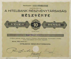 Marcali Hitelbank Részvénytársaság részvény 10 pengő 1929