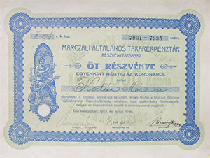 Marcali Általános Takarékpénztár Részvénytársaság részvény 5x400 korona 1923