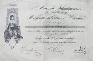 Marcali Takarékpénztár Részvénytársaság részvény 750 korona 1922