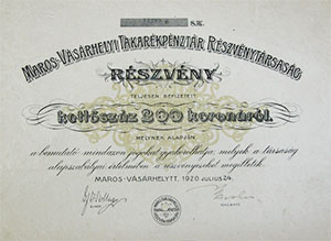 Marosvásárhelyi Takarékpénztár Részvénytársaság részvény 200 korona 1920