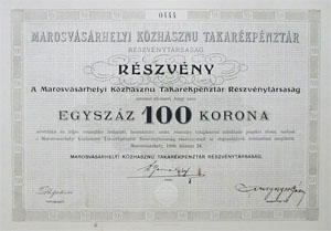 Marosvásárhelyi Közhasznú Takarékpénztár Részvénytársaság részvény 100 korona 1909