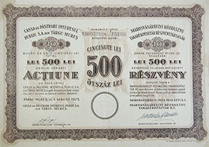 Marosvásárhelyi Közhasznú Takarékpénztár Részvénytársaság részvény 500 lei 1925