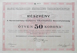 Marosvásárhelyi Közhasznú Takarékpénztár Részvénytársaság részvény 50 korona 1909
