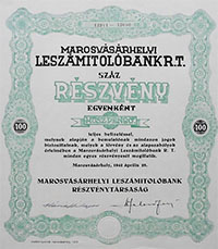 Marosvásárhelyi Leszámitolóbank Részvénytársaság részvény 100x20 pengő 1942