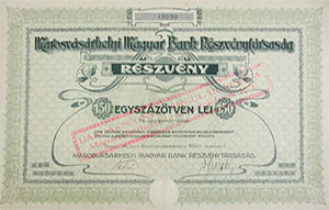 Marosvásárhelyi Magyar Bank Részvénytársaság részvény 150 lei 1921