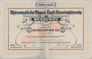 Marosvásárhelyi Magyar Bank Részvénytársaság részvény 5x150 750 lei 1921