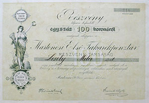 Martonosi Első Takarékpénztár Részvénytársaság részvény 100 korona 1909 Martonos