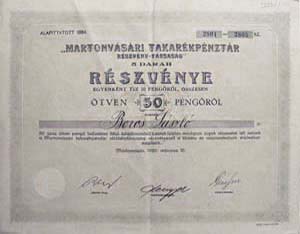 Martonvásári Takarékpénztár Részvénytársaság részvény 5x10 50 pengő 1926
