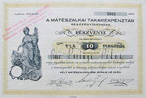 Mátészalkai Takarékpénztár Részvénytársaság részvény 10 pengő 1926 Mátészalka