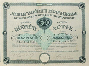 Mercur Váltóüzleti Részvénytársaság részvény 20 pengő 1926