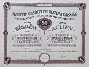 Mercur Váltóüzleti Részvénytársaság részvény 20 pengő 1937