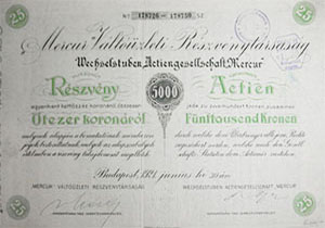 Mercur Váltóüzleti Részvénytársaság részvény 25x200 5000 korona 1921