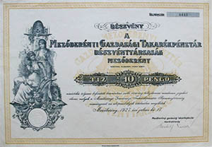 Mezőberényi Gazdasági Takarékpénztár Részvénytársaság részvény 10 pengő 1927