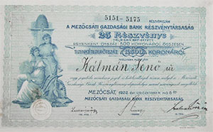 Mezőcsáti Gazdasági Bank Részvénytársaság részvény  25x500 korona 1922