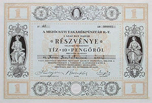 Mezőcsáti Takarékpénztár Részvénytársaság részvény 10 pengő 1927