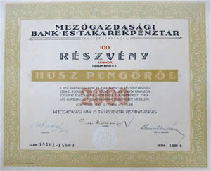 Mezőgazdasági Bank és Takarékpénztár Részvénytársaság részvény 2000 pengő 1942 Kolozsvár
