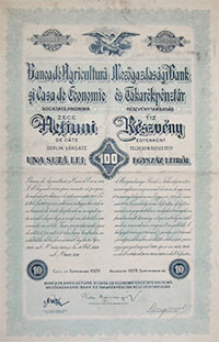 Mezőgazdasági Bank és Takarékpénztár Részvénytársaság részvény 10x100 lei 1929 Kolozsvár