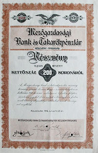 Mezőgazdasági Bank és Takarékpénztár Részvénytársaság részvény 200 korona 1916 Kolozsvár
