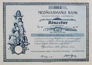 Mezőgazdasági Bank Részvénytársaság Újverbászon részvény 10 pengő 1942