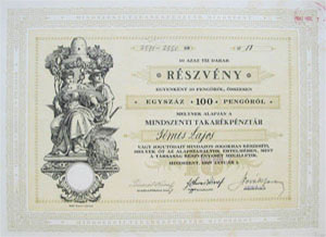Mindszenti Takarékpénztár részvény 100 pengő 1927