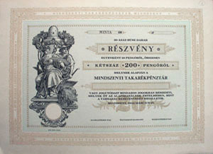 Mindszenti Takarékpénztár részvény 20x10 pengő 1942
