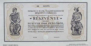 Miskolci Bank és Kereskedelmi Részvénytársaság részvény  20x50 1000 pengő 1928 MINTA