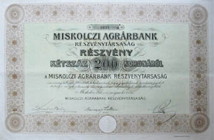 Miskolci Agrárbank Részvénytársaság részvény 200 korona 1911