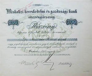 Miskolci Kereskedelmi és Gazdasági Bank Részvénytársaság részvény 200 korona 1910