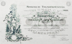 Miskolci Takarékpénztár Részvénytársaság részvény 20 pengo 1926