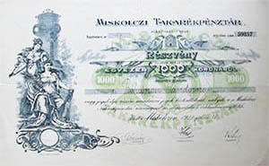 Miskolci Takarékpénztár Részvénytársaság részvény 1000 korona 1923