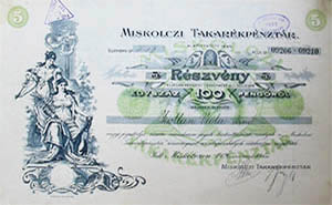 Miskolci Takarékpénztár Részvénytársaság részvény 5x20 100 pengo 1926