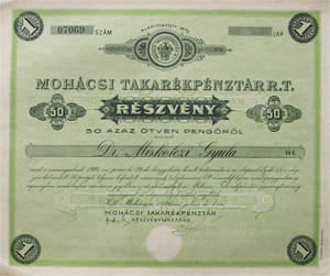 Mohácsi Takarékpénztár Részvénytársaság részvény 50 pengő 1940