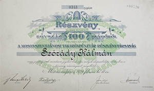 Mosonszentjánosi Takarékpénztár Részvénytársaság részvény 100 pengő 1929