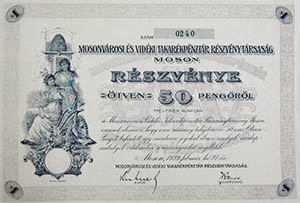 Mosonvárosi és Vidéki Takarékpénztár Részvénytársaság részvény 50 pengő 1929 Moson