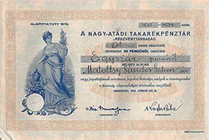Nagyatádi Takarékpénztár Részvénytársaság részvény  5x20 pengő 1942