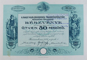 Nagy-kun-madarasi Takarékpénztár Részvénytársaság részvény 50 pengő 1926 Kunmadaras