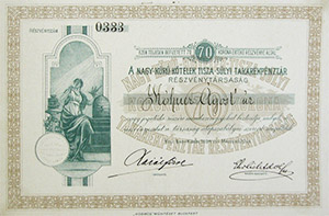 Nagy-kürű-Kőtelek Tisza-Sülyi Takarékpénztár Részvénytársaság részvény 70 korona 1894 Nagy-kürű