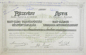 Nagy-zsámi Takarékpénztár Részvénytársaság részvény 100 korona 1897 Nagyzsám