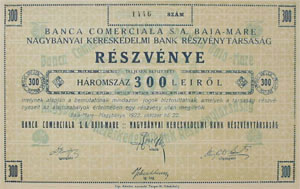 Nagybányai Kereskedelmi Bank Részvénytársaság részvény 300 lei 1922