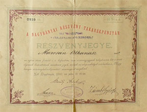Nagybányai Részvény-Takarékpénztár részvényjegy 50 forint 1890 Nagybánya