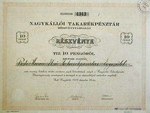 Nagykállói Takarékpénztár Részvénytársaság részvény 10 pengő 1928 Nagykálló