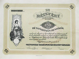 Nagykanizsai Takarékpénztár Részvénytársaság részvény 25x30 pengő 1926