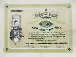 Nagykanizsai Takarékpénztár Részvénytársaság részvény 5x30 pengő 1926