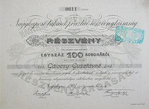 Nagykaposi Takarékpénztár Részvénytársaság részvény 100 korona 1907 Nagykapos