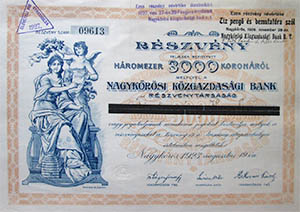 Nagykőrösi Közgazdasági Bank Részvénytársaság részvény 3000 korona 1923