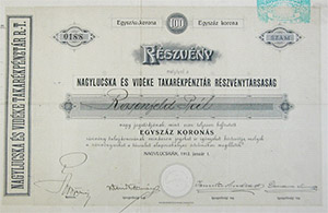Nagylucska és Vidéke Takarékpénztár Részvénytársaság részvény 100 korona 1912