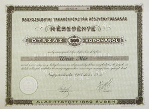 Nagyszalontai Takarékpénztár Részvénytársaság részvény 500 korona 1913 Nagyszalonta