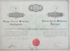 Nagyszentmiklósi Takarékpénztár Részvénytársaság részvény 100 forint 1875 Nagyszentmiklós