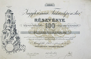 Nagyteremiai Takarékpénztár Részvénytársaság részvény 100 korona 1912 Máriafölde